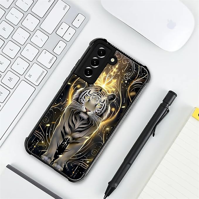 for Samsung Galaxy S22 Case, White Tiger Golden Mystery Pattern Graphic Design Girl Boy Soft Silicone Hard Acrylic Shock Protection for Samsung Galaxy S22