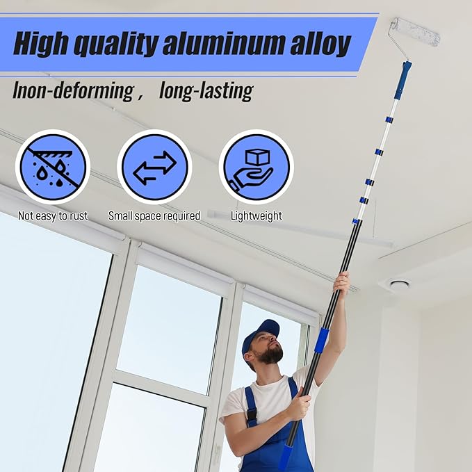 7-36 ft Telescopic Extension Pole with Utility Hook, Multi-Purpose Aluminum Pole for Painting, Dusting and New Year Window Cleaning Christmas Lights Installation Without a Ladder (Blue)