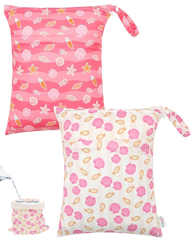 ALVA ALVABABY 2pcs Waterproof Wet Dry Bags,Reusable with Two Zippered Pockets,Baby Cloth Diaper,Travel,Beach,Pool,Daycare,Soiled Baby Items,Yoga Gym Bag,Swimsuits or Wet Clothes