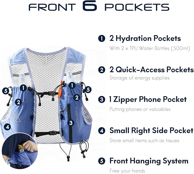 Haimont Running Hydration Vest with Water Bottles for Men Women, Lightweight 10L Hydrated Vest Pack for Trail Running, Hiking