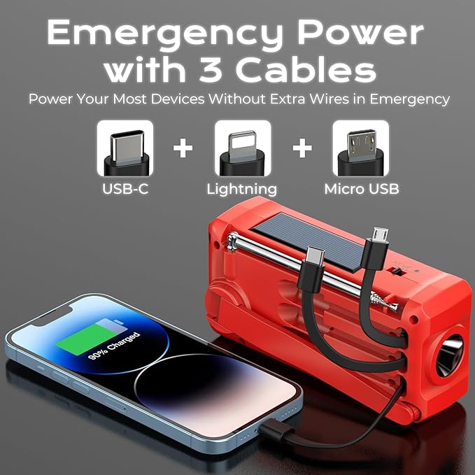PRUNUS J-366 Emergency Radio with 3 Charging Cables, NOAA Weather Alert, 7400mWh/Solar/Hand Crank/USB-C Charging, Battery Operated, WB/AM/FM, SOS Alarm, Flashlight, Compact for Bag, NOAA Radio