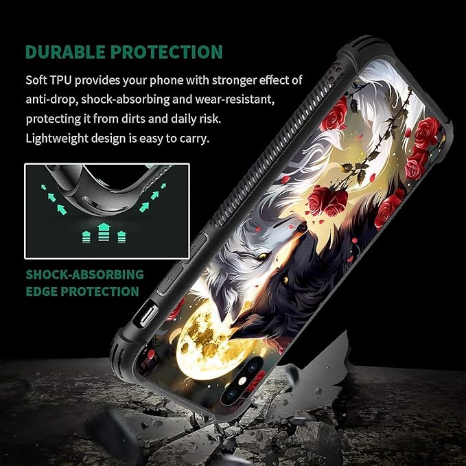 for iPhone X/Xs Case, Black White Wolf Moon Flower Rose Pattern Made of Soft Silicone Hard Acrylic Shock Protection for iPhone X/Xs