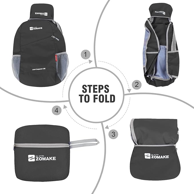 ZOMAKE Lightweight Packable Backpack, Foldable Backpacks Small Daypack for Hiking Water Resistant Day Bag for Travel(Black)