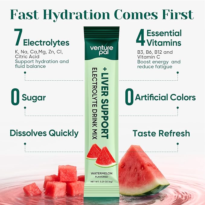Venture Pal Hydration Packets + Liver Support- Liquid Daily IV Electrolyte Powder Packets with 7 Electrolytes & 5 Vitamins, Milk Thistle + L-Theanine | Sugar-Free | Keto Friendly | Vegan, 16 Sticks