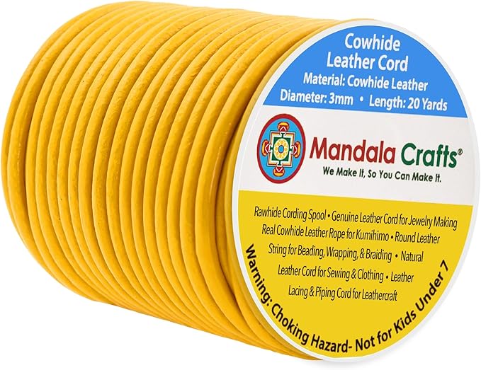 Mandala Crafts Round Genuine Mustard Yellow Leather Cord for Jewelry Making – 3mm Cowhide Leather Rope String Lace for Kumihimo – 20 Yards Cowhide Craft Cording Spool