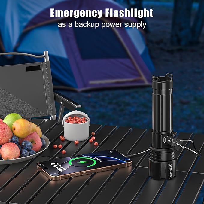 Goreit Super Bright LED Flashlight - 30W Output for 50000 Lumens & 3937ft Beam, USB-C Rechargeable with 12H Runtime, IP67 Waterproof Powerful Handheld Linternas for Home, Camping, Hiking, Emergency