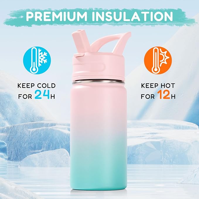 Fijinhom 12oz Kids Water Bottle for School, Toddler Bottles with Straws, Stainless Steel Vacuum Insulated Water Bottle for Boys&Girls, Leak-Proof, BPA-Free, Bubble Gum