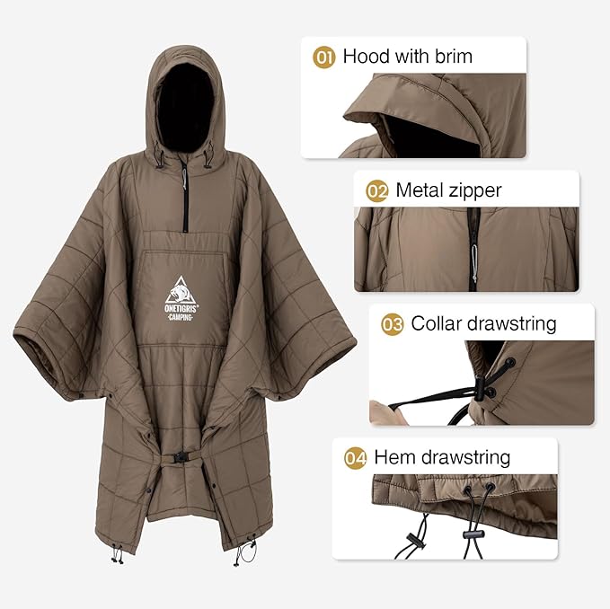ONETIGRIS Camping Blanket Poncho with with Recycled Synthetic Insulation,Wearable Hoodie Blanket | Ultralight Water-Resistant Warm Camping Blanket for Outdoor, Hiking, Stadium