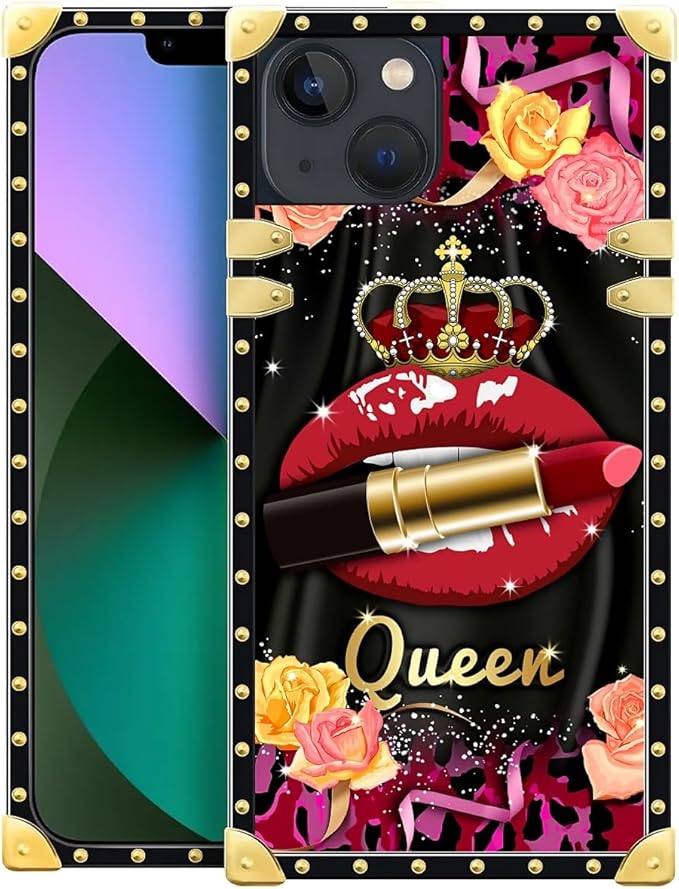 Compatible with iPhone 13 Case, Queen Lip Crown Leopard Print Luxury Golden Decoration for Girl Women Soft TPU Shockproof Protective Hard PC Back for iPhone 13