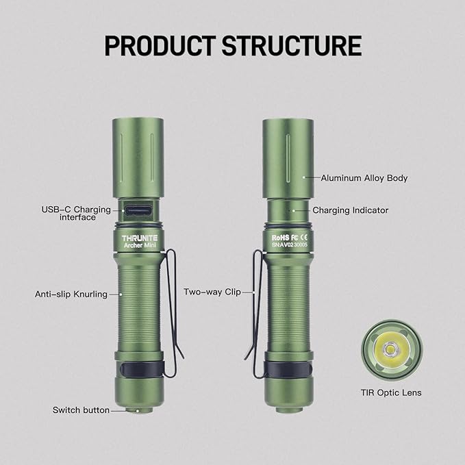ThruNite Archer Mini Pocket EDC Pen Flashlight, USB-C Rechargeable Mini LED Flashlights, 405 Lumens Slim Pen Light with Clip for Inspection, Everyday Carry and Emergency Use - Dark Green Cool White