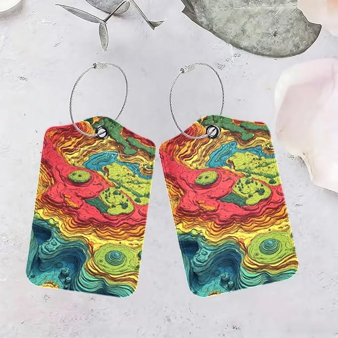 2Pcs Topographic Art Luggage Tags for Suitcases, 2.83x4.53 Abstract Map ID Labels with Privacy Cover, Colorful Layered Style Bag Tags for Backpacks, Travel Essentials for Men & Women, 2 Pack