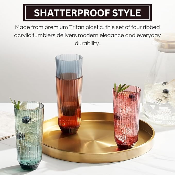 Khen Plastic Acrylic Ribbed Drinking Glasses – Set of 4 Multicolor 11.8oz Tritan Tumblers, European Style Shatterproof Drinkware – Durable, BPA-Free, Dishwasher Safe, Stackable & Unbreakable Cups