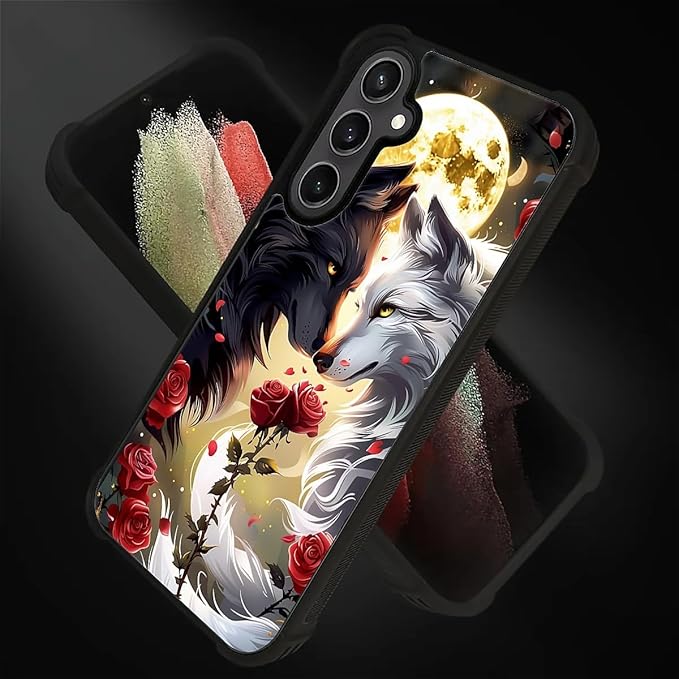 for Samsung Galaxy S23 FE Case, Black White Wolf Moon Flower Rose Pattern Graphic Design Girl Boy Soft Silicone Hard Acrylic Shock Protection for Samsung Galaxy S23 FE