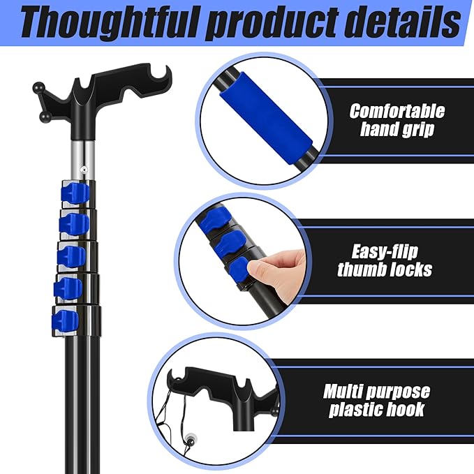 7-36 ft Telescopic Extension Pole with Utility Hook, Multi-Purpose Aluminum Pole for Painting, Dusting and New Year Window Cleaning Christmas Lights Installation Without a Ladder (Blue)