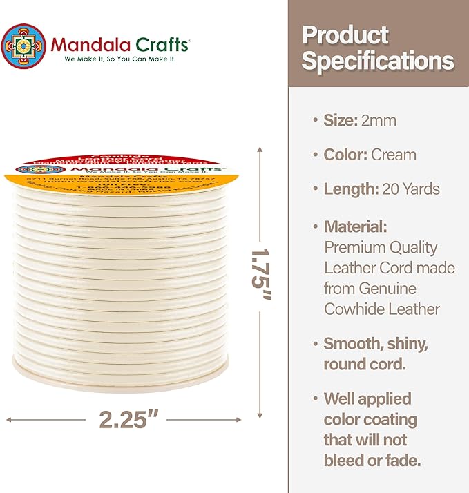 Mandala Crafts Round Genuine Cream Leather Cord for Jewelry Making – 2mm Cowhide Leather Rope String Lace for Kumihimo – 20 Yards Cowhide Craft Cording Spool