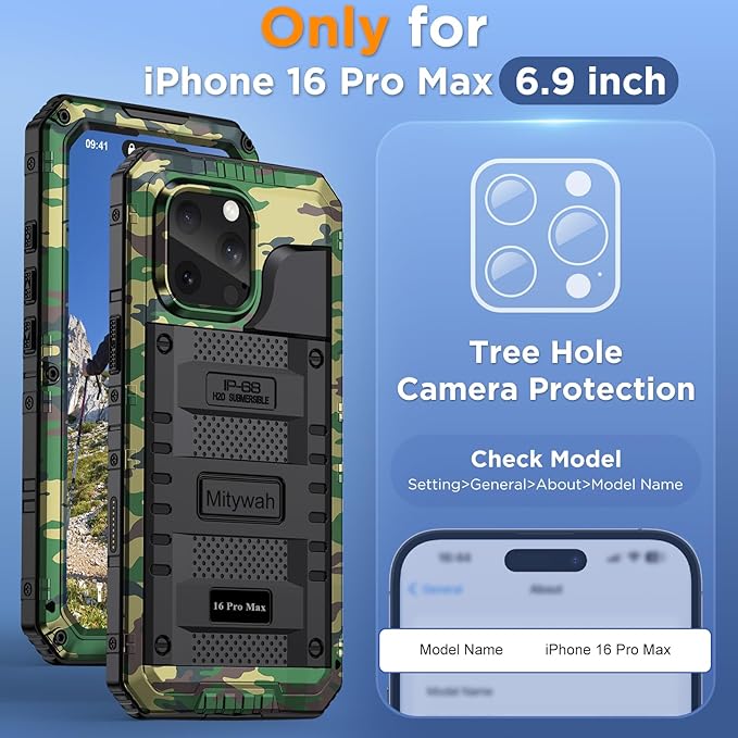 Mitywah Waterproof Case for iPhone 16 Pro Max, Heavy Duty Metal Cover with Built-in Screen Protector, Military Grade Full Body Shockproof Rugged Protective Phone Case 6.9 inch, Camouflage