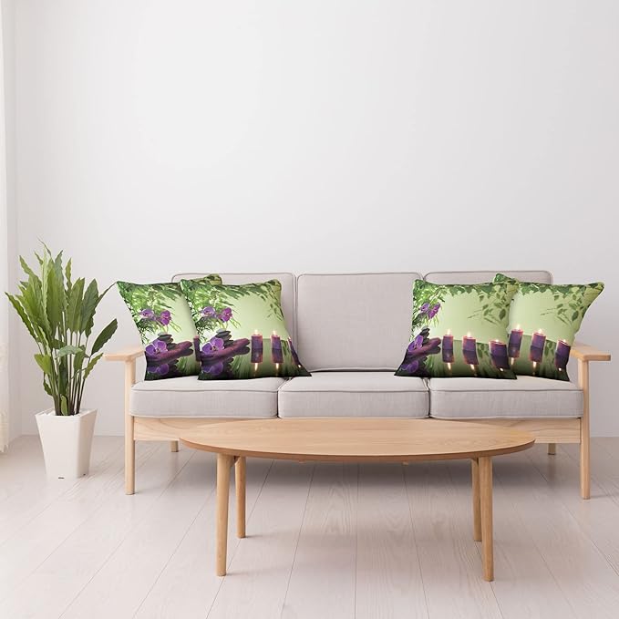 Ambesonne Spa Throw Pillow Cushion Case Pack of 4, Stones Aromatic Candles and Orchids Blooms Treatment Vacation, Modern Accent Double-Sided Digital Printing, 24", Green Purple