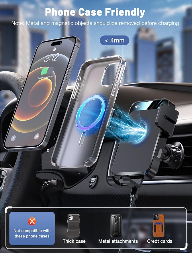 Wireless Car Charger, MOKPR Auto-Clamping Car Mount 15W/10W/7.5W Fast Charging Air Vent Car Phone Mount Compatible with iPhone 15/14/13/13 Pro/12 Pro Max/12 pro/12/11/10 Series, Samsung Galaxy Series