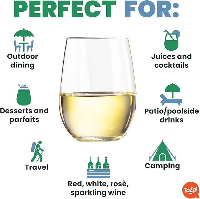 TaZa Outdoor Wine Glasses Stemless, 16oz Set of 4, Unbreakable Tritan Plastic Drinkware, Dishwasher Safe Reusable Glasses, Clear Shatterproof Glassware