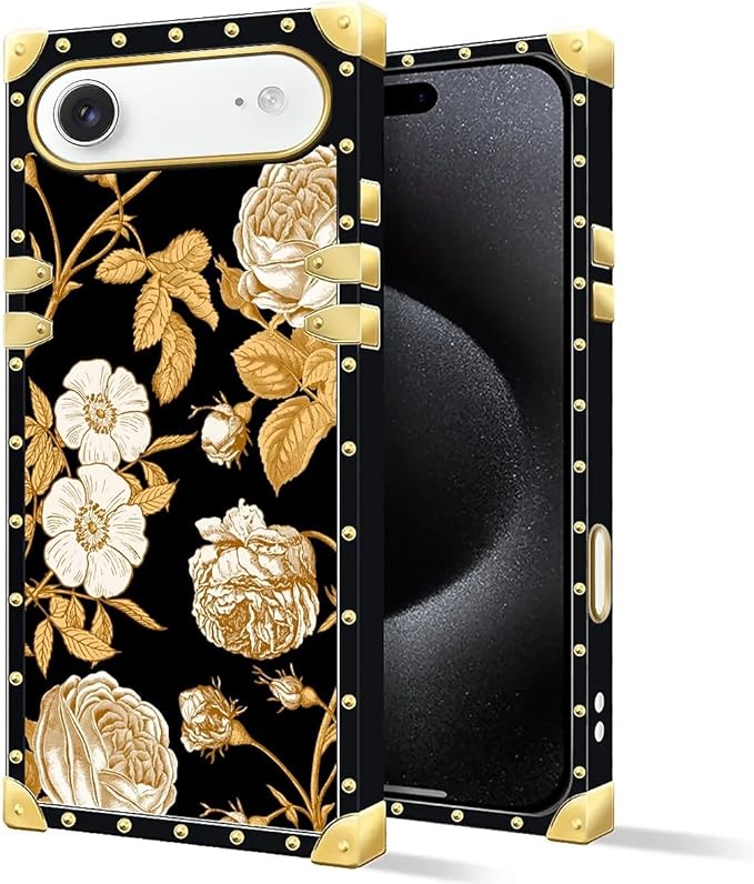 for iPhone 17 Air Case Luxury Golden Decoration for Girl Women Soft TPU Shockproof Protective Hard PC Back for iPhone 17 Air Crazy Pattern Blooming Rose Golden Flower