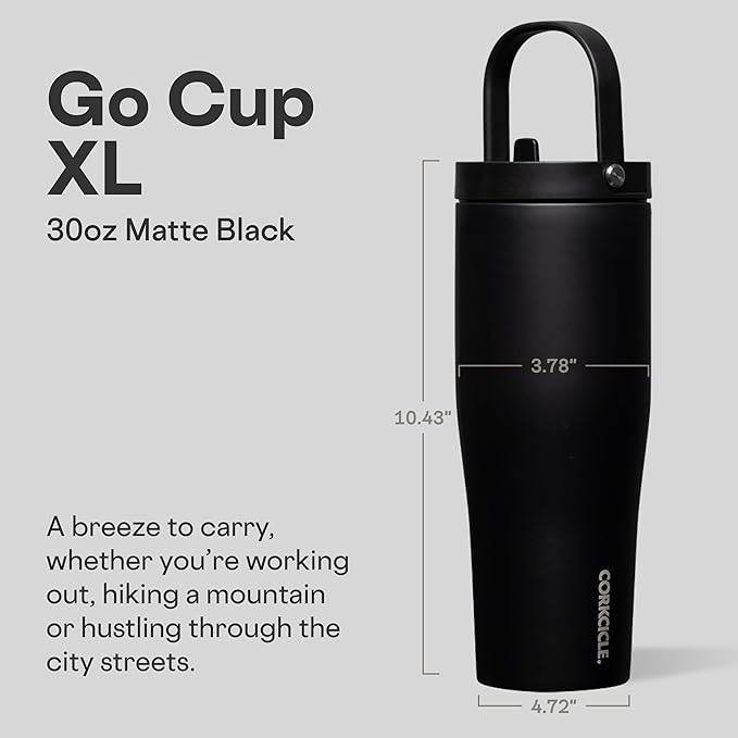 Corkcicle Go Cup XL - Leak-Proof Travel Tumbler - Triple Insulated Stainless Steel Water Bottle - Easy-Carry Handle - Summer Drinkware Gift - Keeps Drinks Ice Cold - 30 oz - Matte Black
