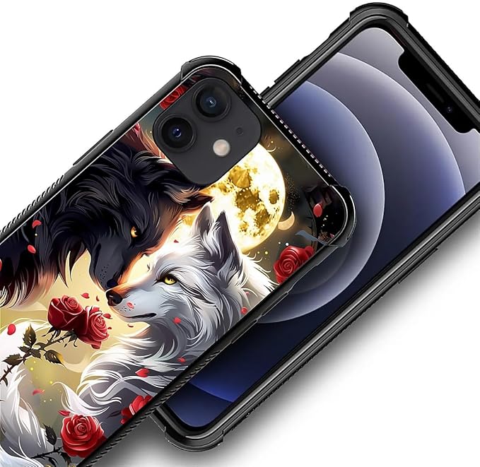 for iPhone 11 Case, Black White Wolf Moon Flower Rose Pattern Graphic Design Girl Boy Soft Silicone Hard Acrylic Shock Protection for iPhone 11