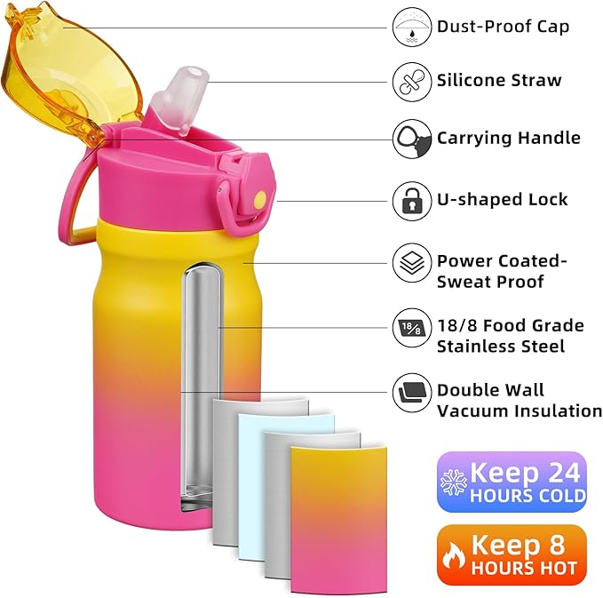 BJPKPK Water Bottle with Straw 14oz Insulated Water Bottles Reusable Stainless Steel Metal Thermal Flask with Leak Proof Lockable Lid and Carry Handle,Rainbow