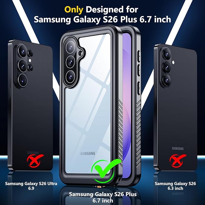 SPIDERCASE for Samsung Galaxy S26 Plus Waterproof Case, [12FT Military-Grade Drop Protection] IP68 Underwater [Built-in Screen Protector] Full Body Sealed Protection Phone Case 6.7", Black/Clear