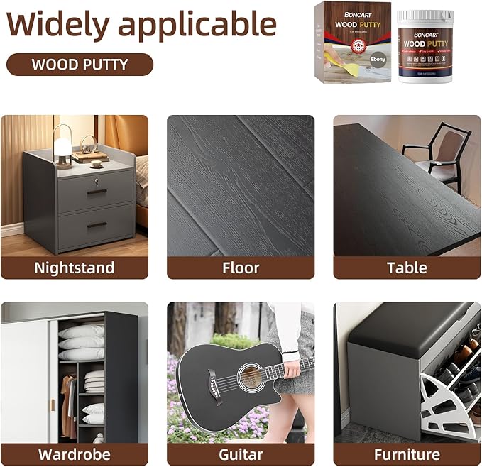 BONCART Wood Filler - Ebony, Paintable, Stainable, Sandable. Quickly Repair Holes, Cracks, Chips, Damage, and Scorched Wooden Furniture
