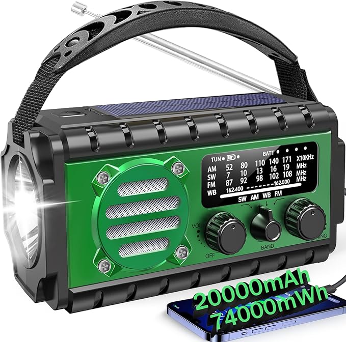 Aivica 20000mah Emergency Radio, SW/NOAA/AM/FM Weather Radio, Solar Powered Hand Crank Chager with Bige Batery Powered,Portable,Cellphone Charge,SOS,Flashlight for Emergency/Home