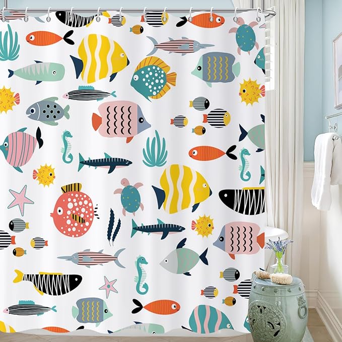 Kid Shower Curtain, Colorful Cartoon Tropical Fish Ocean Beach Theme Bath Curtain Waterproof Fabric Machine Washable with Hooks, 60" Wx72 L