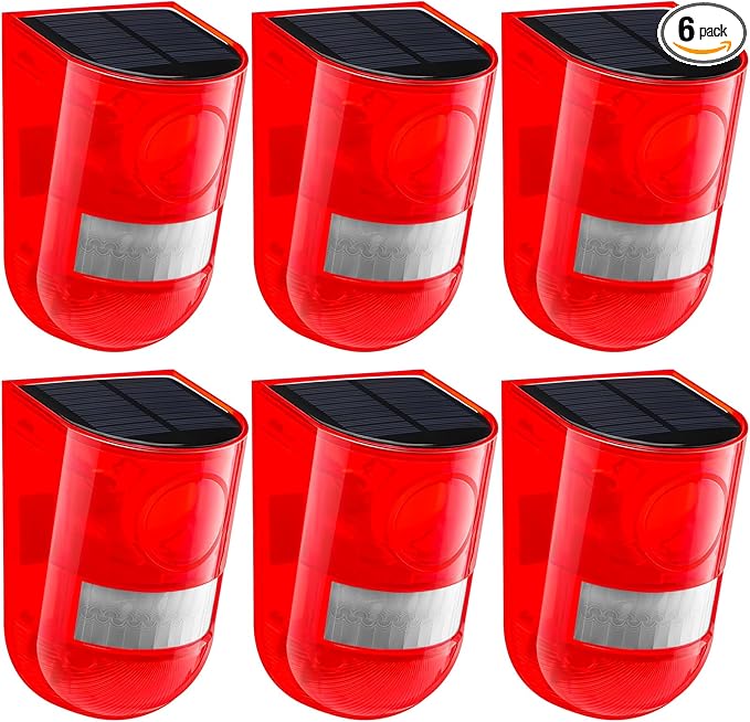Qualirey Solar Sound and Light Alarm Motion Sensor 129db Outdoor Security Siren Waterproof Activated Detector Driveway Alarm 6 LEDs Flash Warning Deterrent Strobe System for Home, Farm(Red,6 Pack)