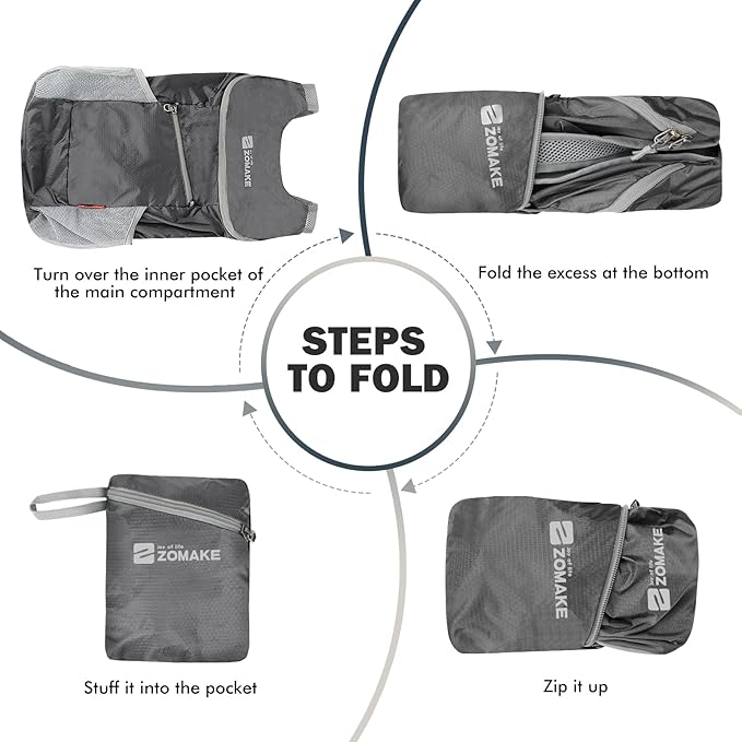 ZOMAKE Lightweight Packable Backpack,Foldable Backpacks Small Daypack for Hiking Water Resistant Day Bag for Travel(14L,Medium Grey)