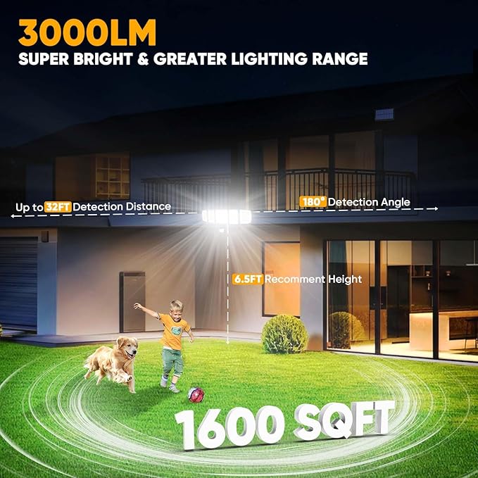 Solar Motion Lights Outdoor - With 16.4ft Cable, 3000LM LED Security Lights for Outside Dusk to Dawn, 2400mAh IP65 Waterproof Flood Lights with Remote for Court Yard Garage Front Door (Classic, 4)