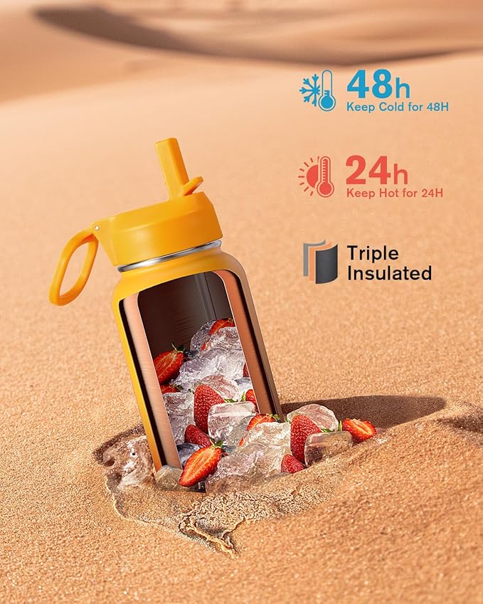 Water Bottle 40 oz Insulated with Straw&Brush, Coolflask Vaccum Stainless Steel Metal 3 Lids Water Flask for Sports, Gym or Office, Keep Cold 48H Hot 24H, Ombre Yellow/Orange