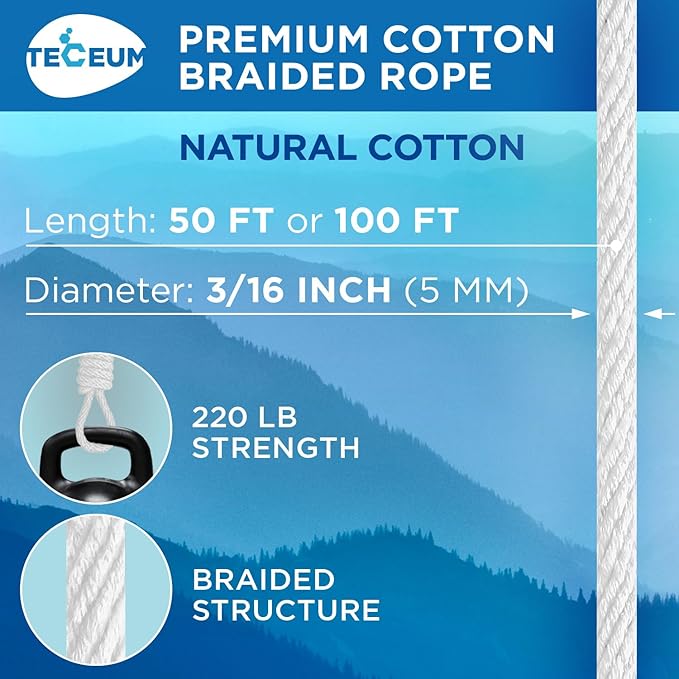 TECEUM Cotton Rope 3/16” (5 mm) – 300 FT – Strong All-Purpose Braided Rope – Natural Cotton – for Crafting, Сamping, Clothes Line, DIY, Indoor & Outdoor Use – White