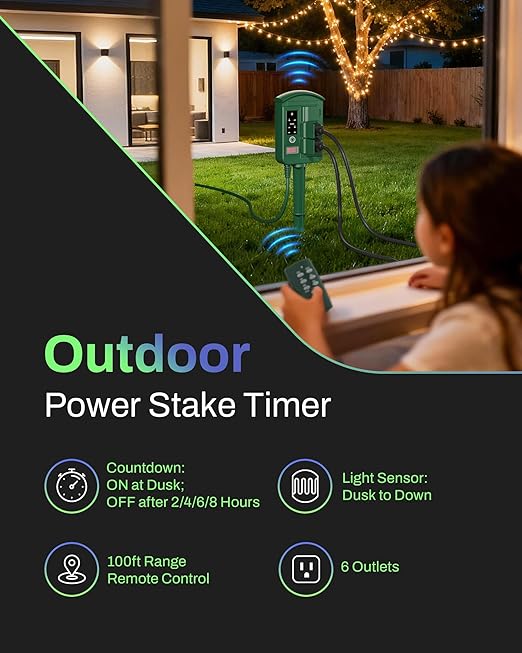 BN-LINK Outdoor Power Stake with Dusk to Dawn Timer, Waterproof 6 Grounded Outlets, 6FT Cord, 100FT Remote Control, Heavy Duty Outdoor Plug for Christmas Lights, Yard, Garden, ETL Listed
