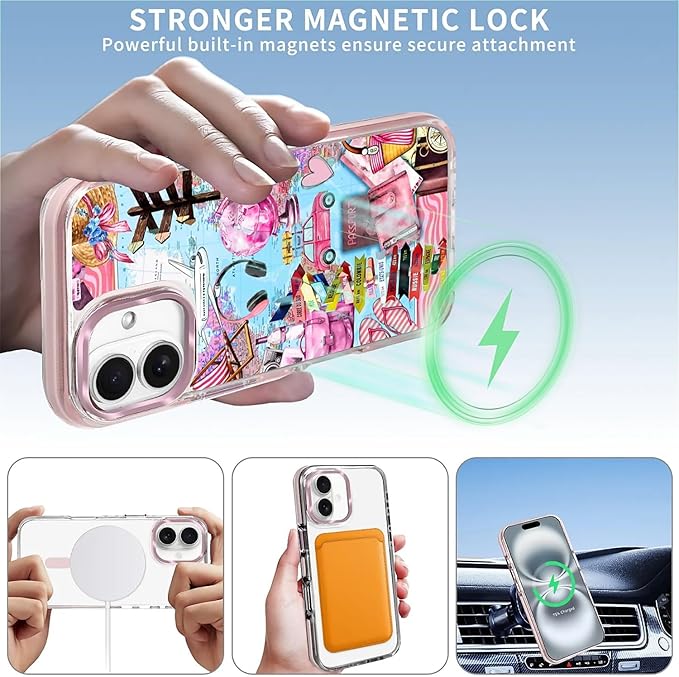 Case for iPhone 16,[Compatible with MagSafe],Cover Holiday Trip World Map Phone Case Design，for Women Girls Magnetic Clear Cover - Slim, Sleek, & Shockproof Protection