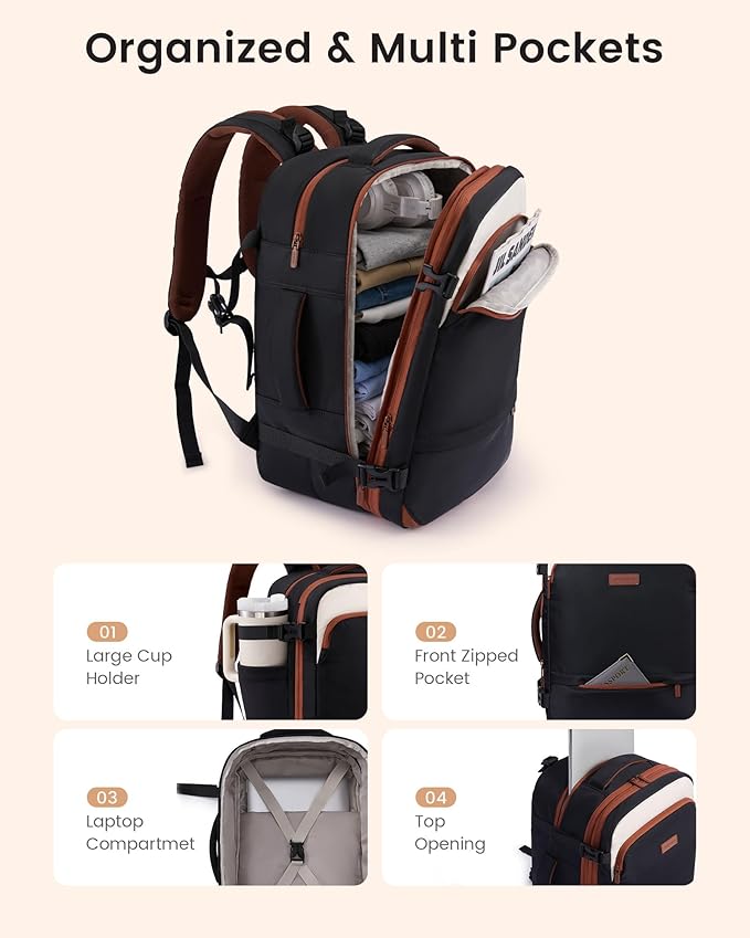 LOVEVOOK Travel Backpack for Women, 45L Expandable Large Carry On Backpack, Personal Item Travel Bag Flight Approved, Business Weekender Overnight Essentials Waterproof Back Pack, Fit 17 Inch Laptop