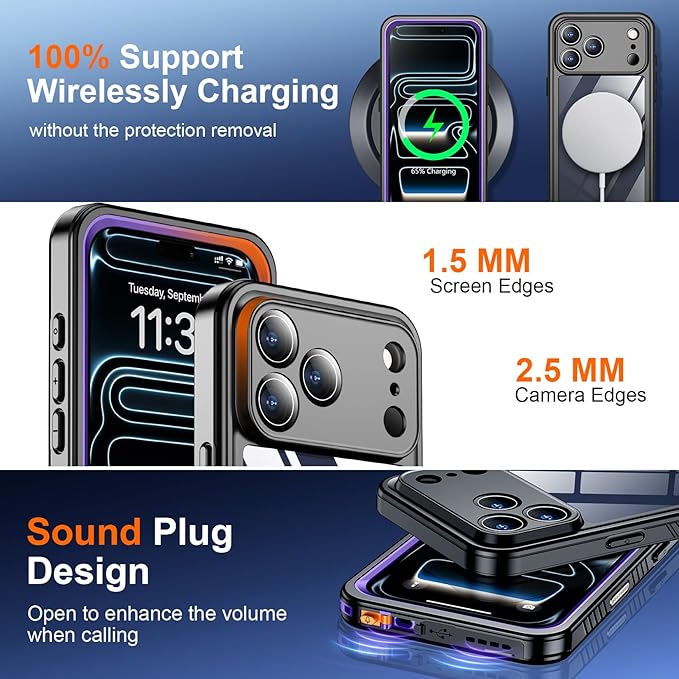 SPIDERCASE for iPhone 17 Pro Case Waterproof, Built-in Lens & Screen Protector, Full Heavy Duty Protection, 12FT Military Shockproof, Dustproof, Anti-Scratched Phone Case,Purple/Clear