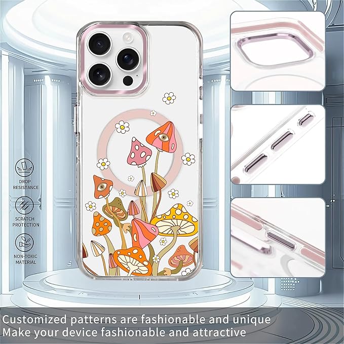 Case for iPhone 15 Pro,[Compatible with MagSafe],Retro Mushroom Sunflower Phone Case Design，for Women Girls Magnetic Clear Cover - Slim, Sleek, & Shockproof Protection