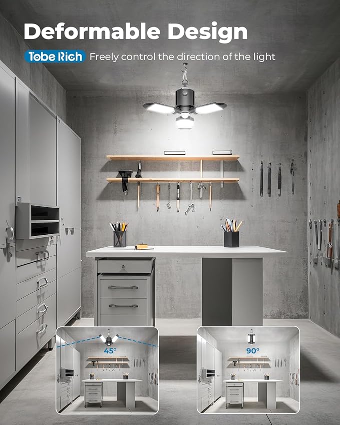 toberich 4 Pack Plug in Motion Sensor Garage Light - 8000LM Shop Light with 3 Modes, 3 Deformable LED Panels, 6500K Indoor Motion Sensor Light Bulb for Garage, Laundry Room, Basement