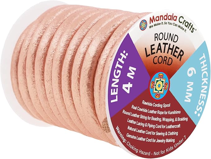 Mandala Crafts Round Genuine Rose Gold Leather Cord for Jewelry Making – 6mm Cowhide Leather Rope String Lace for Kumihimo – 4.4 Yards Cowhide Craft Cording Spool