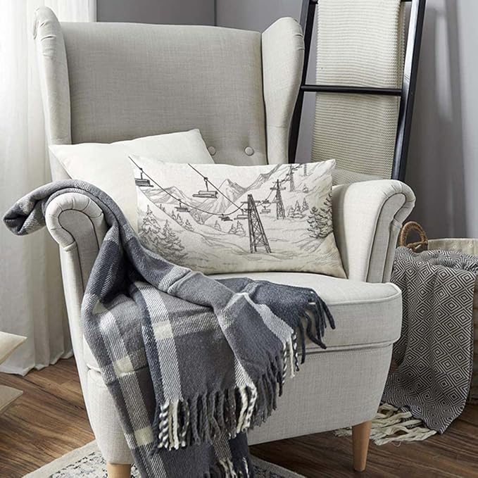 TKS MITLAN Mountain Ski Lift Pillow Cover 12x20 inch Sketch White Wintertime Snow Landscape Resort Rustic Linen Throw Pillow Covers 12x20 Inch for Sofa Couch Decoration