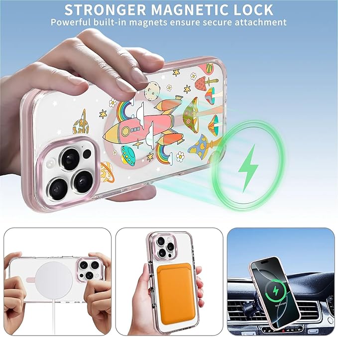 Case for iPhone 16 Pro,[Compatible with MagSafe],Spaceship Mushroom Phone Case Design，for Women Girls Magnetic Clear Cover - Slim, Sleek, & Shockproof Protection