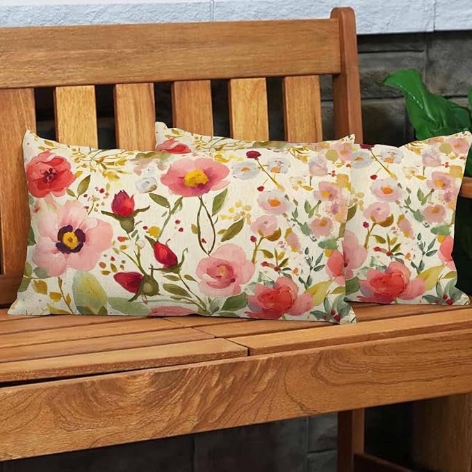 EKOBLA Peony Flower Decorative Throw Pillow Case Vintage Hand Drawn Floral Colorful Leaves Lumber Pillow Cases for Outdoor Square Couch Chair Cushion Cover Cotton Linen 12x20 Inches