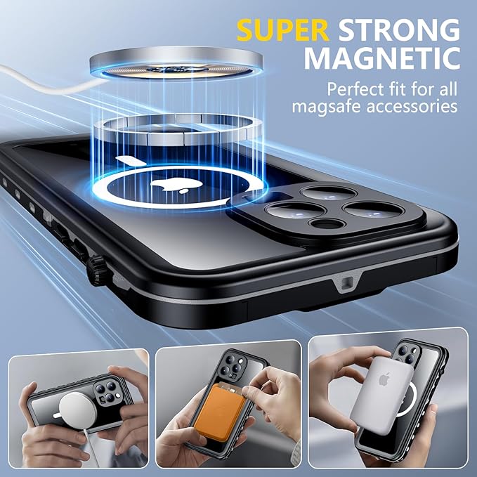 Red2Fire for iPhone 14 Pro Max Case Waterproof, [Built-in Screen Protector & Camera Protector][Compatible with MagSafe][Full Body Shockproof][IP68 Waterproof][Dustproof] Phone Case 6.7" Black/Clear