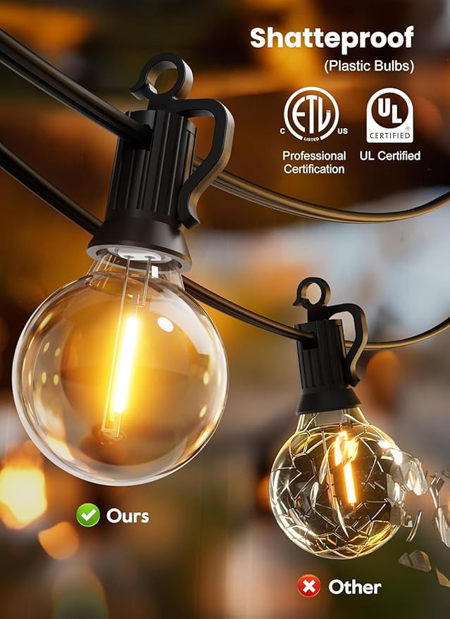 Brightown Outdoor String Lights, 55FT 25 G40 Bulbs Shatterproof IP65 Patio Lights, Hanging Connectable Waterproof Dimmable Globe LED Outdoor Lights for Backyard, Bistro,Deck, Balcony,Porch
