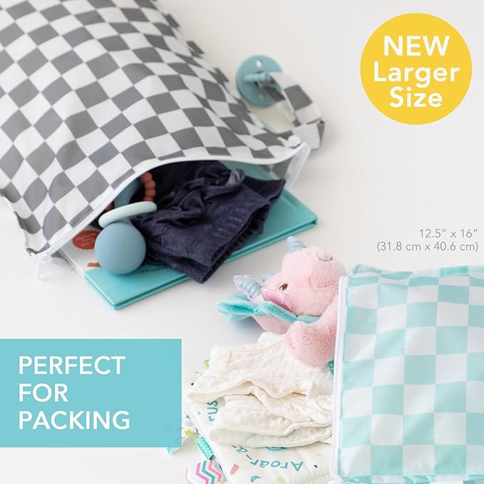 Bumkins - Larger Waterproof Wet Bag - For Baby, Travel, Swim Suit, Cloth Diapers, Pump Parts, Pool, Gym, Toiletry, Strap to Stroller - Reusable & Easy to Clean - 2pk - Gray & Mint Check