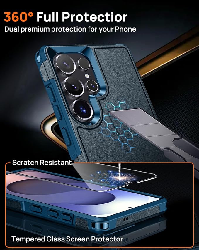 Lanhiem for Samsung Galaxy S25 Ultra Phone Case with Tempered Glass Screen Protector, Shock Absorption, Anti-Scratch Shockproof Case Cover for Samsung S25 Ultra, Navy Blue